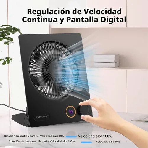 Vista 2 de Ventilador de escritorio pequeño, ventilador de mesa USB VEMONT con batería recargable de 5000 mAh, ventilador portátil personal plegable de 180°