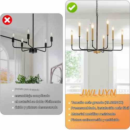 Vista 4 de Lámpara de araña negra y dorada, 8 lámparas modernas de granja para comedor, lámpara de comedor negra para cocina, vestíbulo, sala de estar Negro