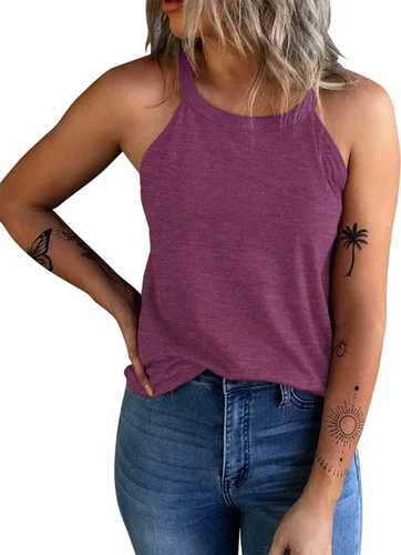 Vista 7 de KINLONSAIR - Camisetas sin mangas de verano para mujer con cuello redondo, estilo halter, para entrenamiento, casual, de tirantes, básicas A16_salmón