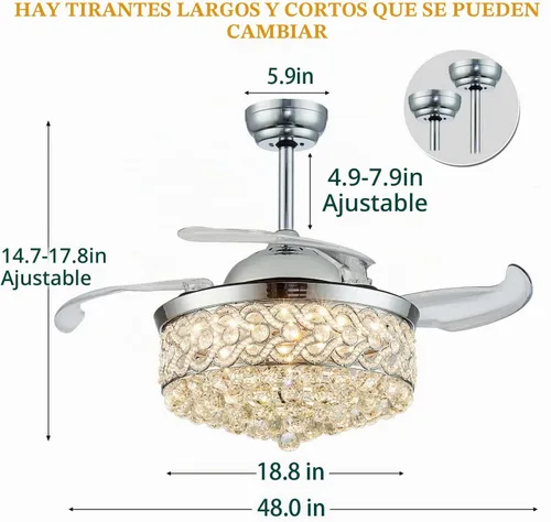 Vista 3 de DuMaiWay Ventilador de techo de araña de 48 pulgadas, moderna lámpara de cristal retráctil con hoja invisible LED con control remoto