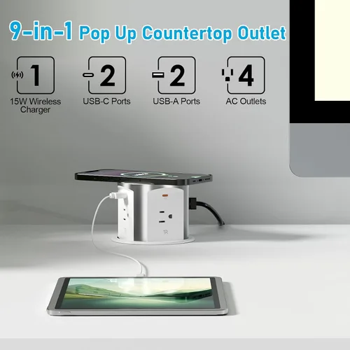 Vista 4 de ANNQUAN 4" Pop Up Outlet para Encimera Qi2 Cargador Inalámbrico 20W USB Blanco