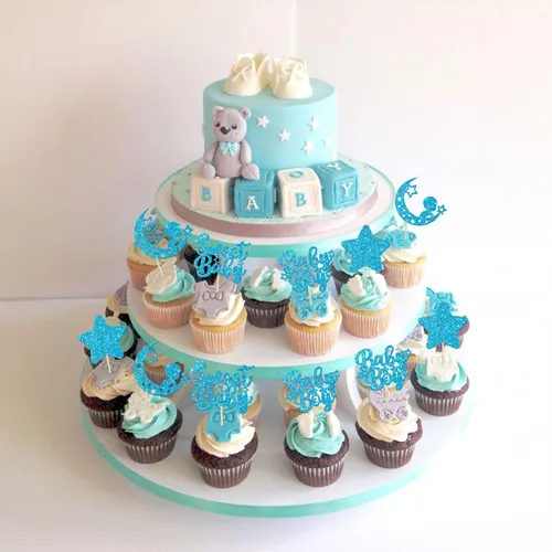 Vista 7 de Gyufise 24 piezas de adornos azules para cupcakes para bebé, con purpurina azul, estrellas, luna, dulce baby shower, niño, cupcakes para baby
