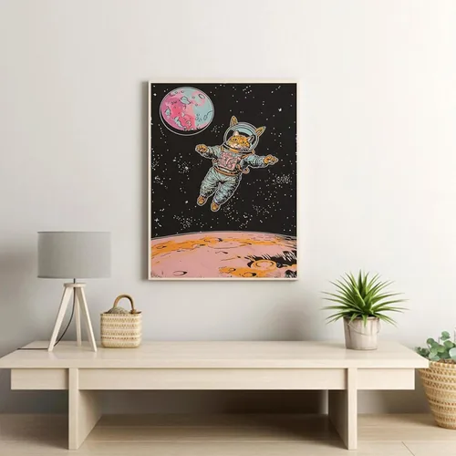 Vista 2 de IZTAWEY Lienzo retro para pared, póster de los años 80, diseño de gato espacial, gato, arte en lienzo, decoración de pared, impresión de pared