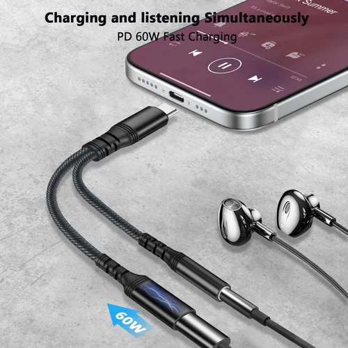 Vista 2 de [Usado] Adaptador de auriculares USB C 2 en 1 con adaptador de carga PD de 60 W, compatible con Galaxy S23 Ultra/S23/S22/S22+/S21/S20FE/A53/Note