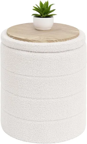 Vista 11 de B FSOBEIIALEO Otomana con Almacenamiento, Taburete Otomano de Almacenamiento Redondo Sherpa, Reposapiés Boucle 14.6"x14.6"x17.7" (Beige)