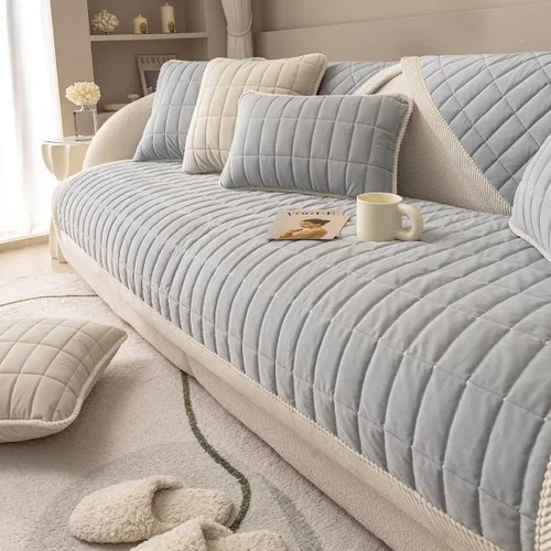 Vista 15 de vctops Funda de sofá acolchada de terciopelo con diseño de cuadros supersuave y antideslizante para sofá seccional, funda de sofá de estilo granja
