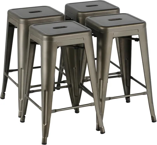 Vista 10 de Yaheetech Juego de 4 taburetes de metal de 24 pulgadas, taburetes sin respaldo de altura de mostrador, sillas de bar apilables industriales con Negro