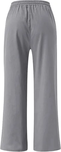 Vista 5 de Pantalones de pierna ancha para mujer, pantalones rectos de lino y algodón, pantalones de dibujo de cintura alta, pantalones holgados de color sólido