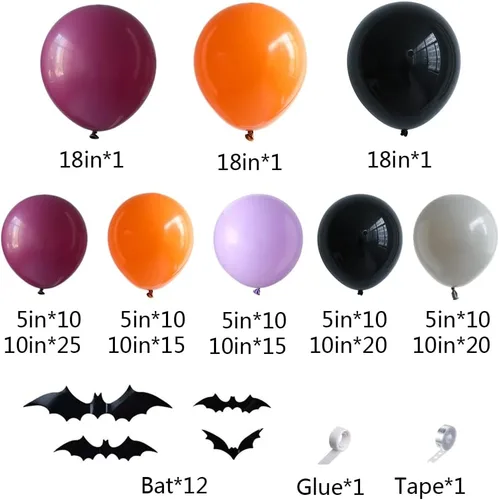 Vista 2 de Kit de arco de guirnalda de globos morados, naranjas y negros, 151 unidades con calcomanías de murciélago para el hogar de Halloween, decoración