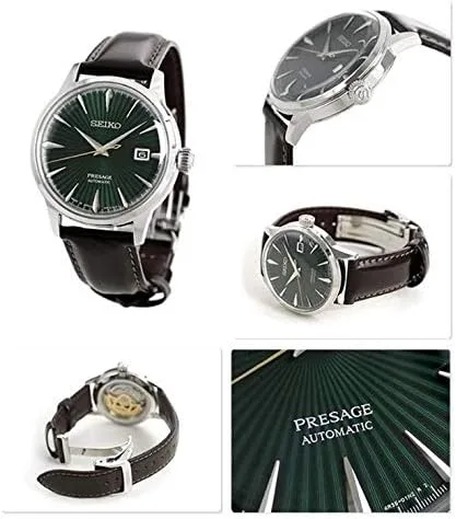 Vista 3 de SEIKO Mens PRESAGE 'Mockingbird' Cocktail Dial verde con reloj de cuero marrón SRPD37J1, Blanco, Moderno
