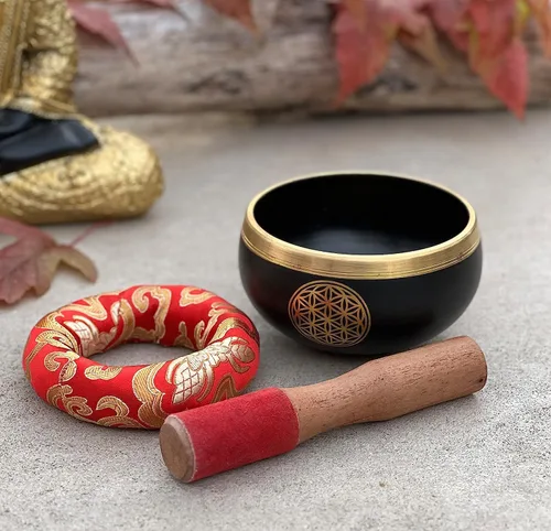 Vista 5 de Juego de cojines tibetanos con diseño de flor de la vida, para meditación, yoga, curación espiritual y atención plena, tamaño mediano (negro)