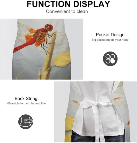 Vista 6 de MUSM Apron for Adults - 27.6 X 31.5 Inch, Heavy-Duty Polyester Aprons with Two Large Pockets, Waterproof Dragonflies Kitchen Apron for Cooking