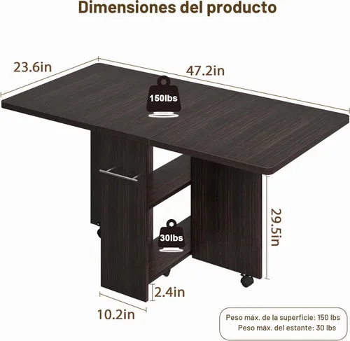 Vista 2 de IDEALHOUSE Mesa Plegable, Mesa de Comedor de Hoja Abatible con 6 Ruedas y Estante de Almacenamiento de 2 Niveles, Mesa de Ahorro de Espacio