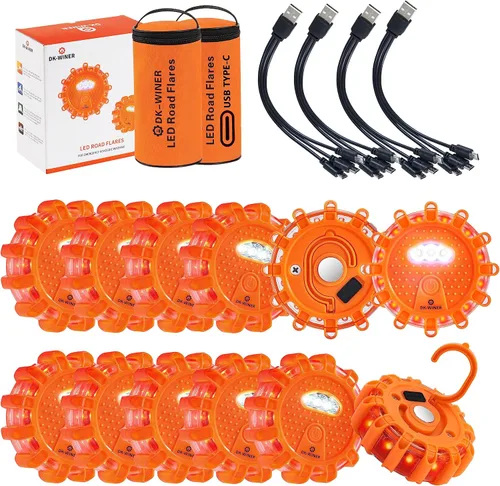 Vista 7 de Kit de bengalas LED de carretera para emergencia, kit de luces de emergencia para carretera con base magnética para vehículos y barcos 9 modos