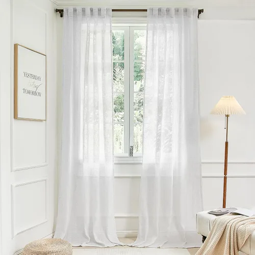 Vista 15 de 2 paneles de cortinas de lino transparente natural de 45 pulgadas, color beige para ventanas pequeñas, bolsillo con pestaña trasera, cortinas cortas