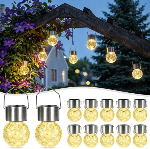 Vista 8 de Solpex Luces solares colgantes al aire libre, paquete de 8 luces decorativas de bola de vidrio agrietado, iluminación solar impermeable, luces