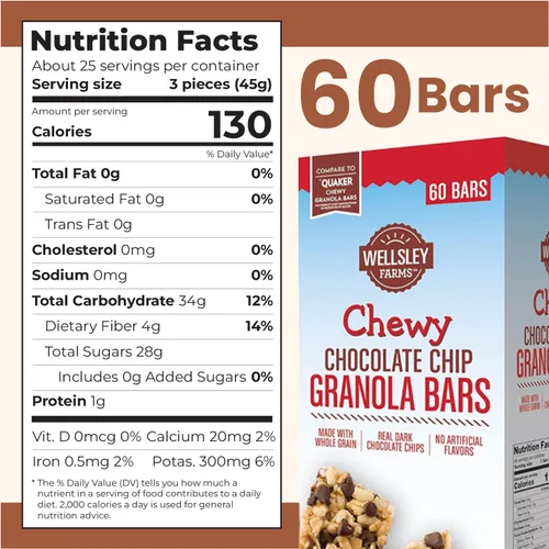 Vista 2 de Wellsley Farms Barras de granola masticables con chispas de chocolate, sin jarabe de maíz de alta fructosa, vegetarianas, barras de granola de grano