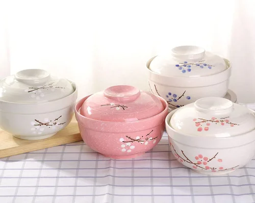Vista 6 de WHJY Vajilla japonesa creativa de cerámica pintada a mano con tapa para sopa y fideos, con función de preservación del calor, cuenco y tapa azul