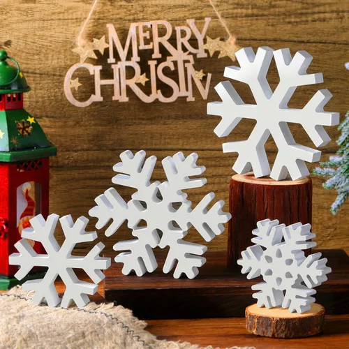 Vista 7 de Blulu 4 piezas de copos de nieve de madera de invierno, decoraciones de mesa, letreros de copos de nieve de Navidad, letrero de mesa de pie