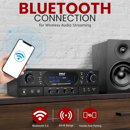 Vista 4 de Pyle Amplificador receptor de cine en casa Bluetooth – Amplificador de potencia máxima de 180 W con agudos, graves, control de eco, MP3/USB/FM
