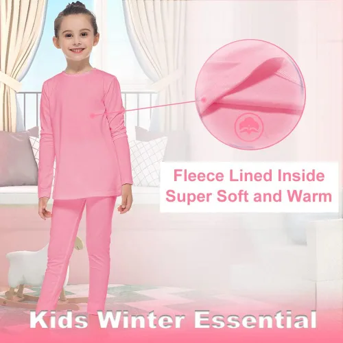Vista 2 de MANCYFIT Conjunto de ropa interior térmica para niñas, con forro polar largo, capa base ultra suave Rosa bebé