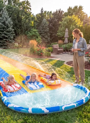 Vista 8 de Sloosh Tobogán acuático triple para césped de 22.5 x 82 pulgadas, agua de césped resistente con 3 tablas de cuerpo y rociador deslizante para niños
