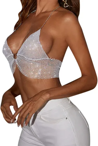 Vista 3 de Camiseta corta sin mangas con diamantes de imitación brillantes para mujer sexy cuello halter transparente para salir de noche fiesta club