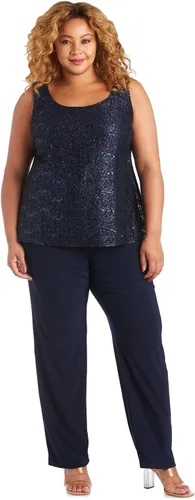 Vista 3 de R&M Richards Conjunto de camiseta sin mangas y pantalón para mujer con chaqueta de encaje transparente