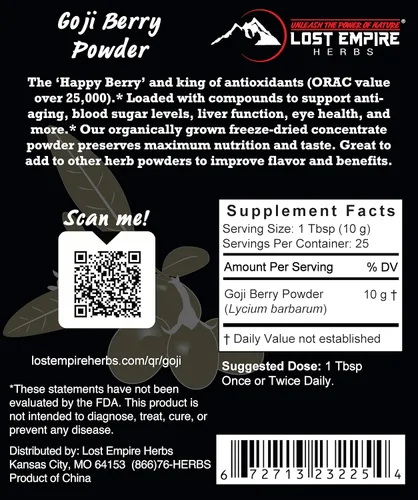 Vista 2 de Polvo orgánico de frutas de bayas de Goji (8.82 oz) - Alto en antioxidantes
