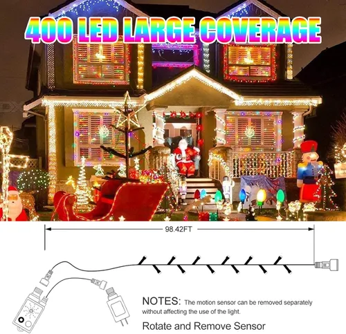 Vista 5 de Luces de Cuerda de Navidad con Sensor de Movimiento Musical que Cambian de Color, 110 Pies, 400 LED, Blanco Cálido Multicolor, Luces de Árbol