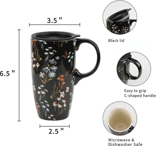 Vista 8 de Topadorn Taza de Café de Cerámica Taza de Viaje Regalo con Tapa 17oz., Taza de Té Alta de Porcelana con Asa para el Hogar y la Oficina, Taza