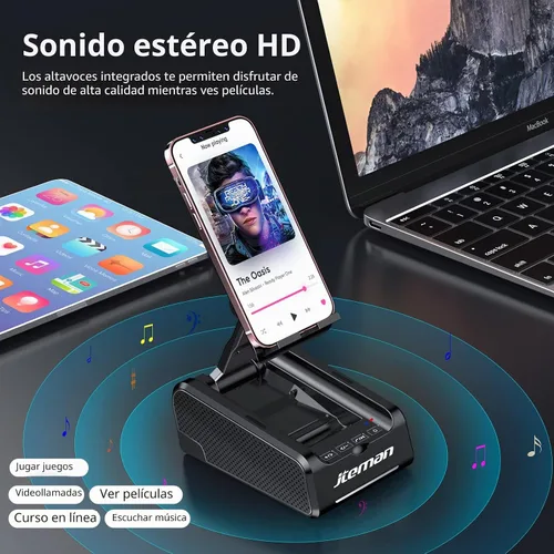 Vista 4 de JTEMAN Soporte para teléfono celular con altavoz Bluetooth, soporte para gadgets de cocina de escritorio con altavoz, regalos de cumpleaños