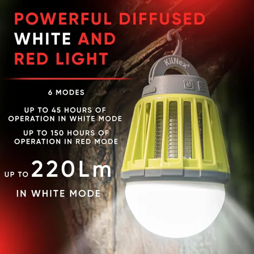 Vista 6 de Linterna de camping con protección contra mosquitos 220 lúmenes Batería recargable, carga USB tipo C Impermeable IP67 Luz blanca y roja