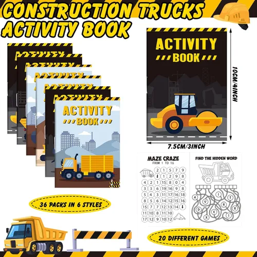 Vista 2 de Sinmoe Juego de 36 libros de actividades para fiestas infantiles, incluye camiones de construcción: camiones volquete, excavadoras, grúas, tractores