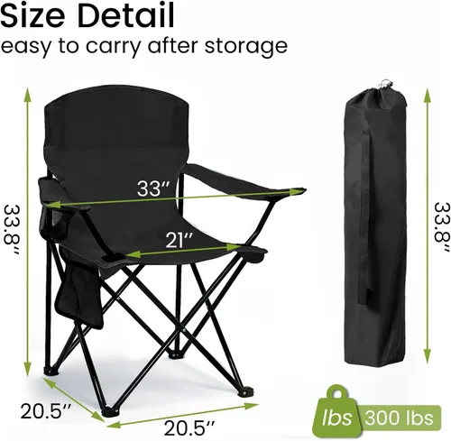 Vista 3 de Silla plegable para acampar con portavasos y bolsa de almacenamiento lateral, capacidad de 300 libras, ligera, respaldo alto, portátil para playa