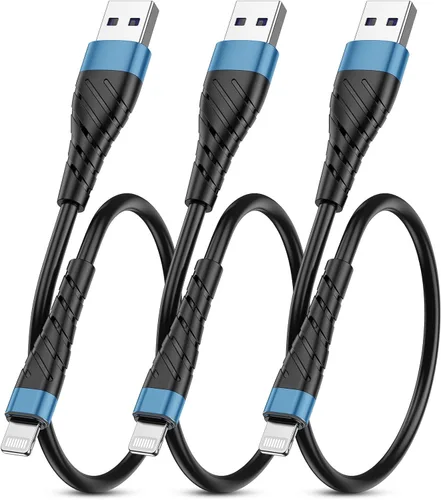 Vista 9 de Cable de carga corto con certificación MFi para iPhone, paquete de 3 unidades de 1 pie, 12 pulgadas para cable de carga Lightning, cable de datos