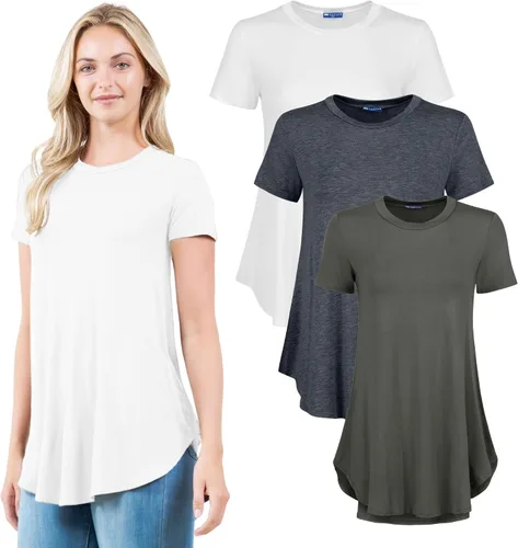 Vista 13 de Azules Blusa larga de manga corta para mujer, con cuello redondo y dobladillo curvado, suave y elástica