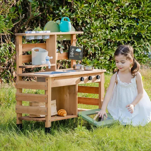 Vista 9 de ROBUD Cocina de barro para niños al aire libre, cocina de barro de madera para niños con fregadero extraíble, taza de plantación, horno, pizarra