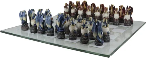 Vista 6 de Ebros Gift Coloridos lados rojos y azules pintados a mano de fantasía medievales de fantasía de mazmorras y dragones, piezas de ajedrez de resina
