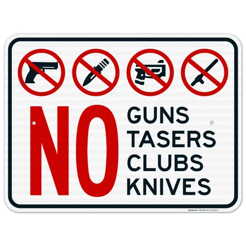 Vista 12 de Letrero de No Guns No Tasers No Clubs No Knives de 10 x 7 pulgadas, libre de óxido, aluminio 040, resistente a la decoloración, fabricado en Estados