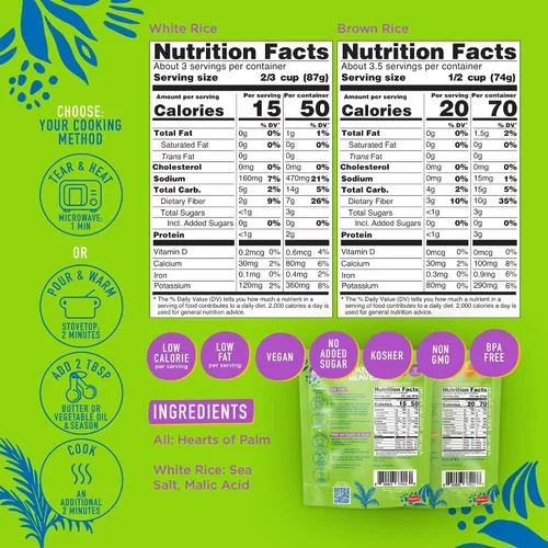 Vista 2 de Natural Heaven Arroz blanco y integral, variedad de corazones de palma, paquete de 6 – Naturalmente rico en potasio, arroz vegetariano bajo