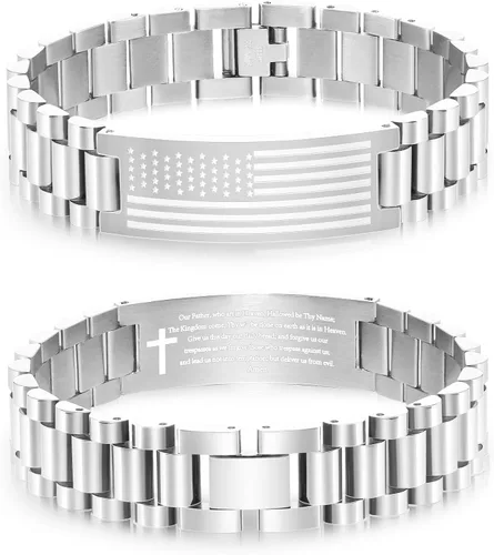 Vista 9 de P. BLAKE Pulsera con versículo bíblico de la bandera estadounidense para hombres, pulsera de acero inoxidable grabada de las Escrituras, religiosa