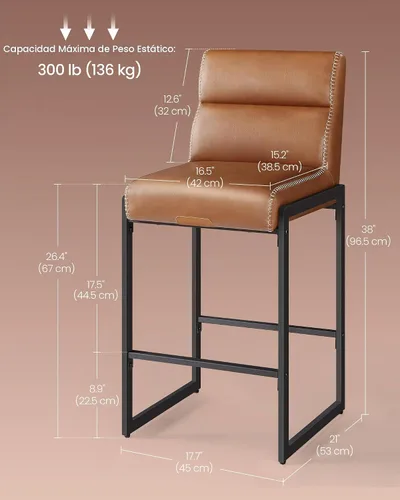 Vista 2 de VASAGLE Colección EKHO - Juego de 2 Taburetes de Bar, Taburetes de Altura de Mostrador con Respaldo, Taburetes de 26.4 Pulgadas, De Cuero Sintético