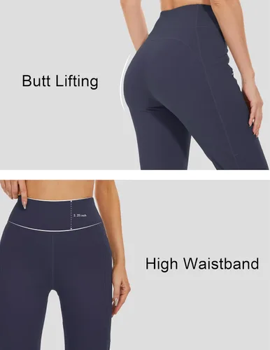 Vista 4 de SOOWOT Pantalones de yoga con forro polar para mujer, leggings acampanados de cintura alta, pantalones de yoga térmicos de invierno con bolsillos