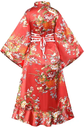 Vista 4 de Elibelle Kimono para mujer Geisha Yukata Sweet Tuxedo Ruffle Dress Blossom Satin Bathrobe Sleep Fan Tabi Socks Set