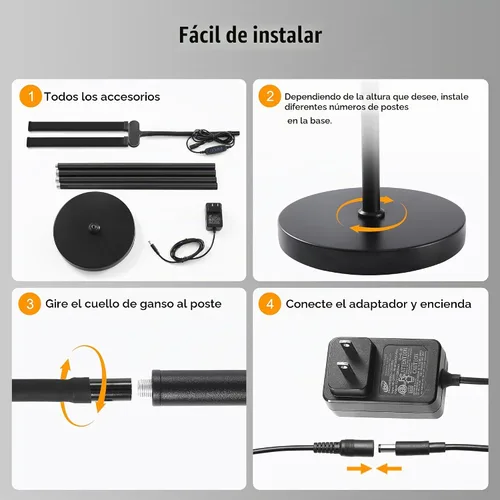 Vista 6 de Lámpara de pie LED, lámparas de pie brillantes de 18W para sala de estar, 3 modos de color 10 niveles de brillo, cuello de cisne flexible ajustable