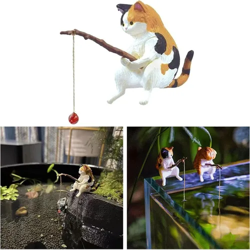 Vista 8 de Yuly Pescado Paisajismo Pesca Adornos de Gato Mini Estatua de Resina de Dibujos Animados Gato Estatua para el Hogar Oficina Acuario