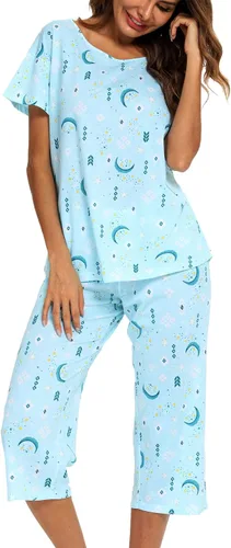 Vista 11 de ENJOYNIGHT Conjuntos de pijama de algodón para mujer, pijamas de verano con pantalones capri, ropa de dormir Gato negro