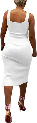 Vista 2 de Salimdy - Vestido de longitud media con corte tubo, sexy y liso, con tirantes delgados, acanalado, con botones, abertura lateral, entallado