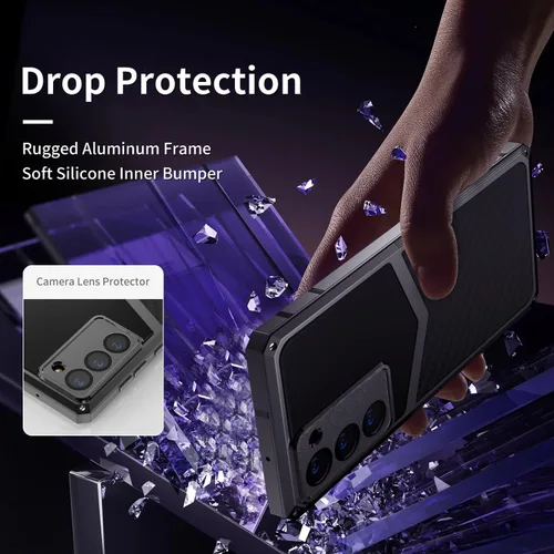 Vista 3 de Funda de fibra de carbono de lujo con funda de aluminio para Samsung Galaxy S22+ Plus, funda protectora militar a prueba de golpes con protector